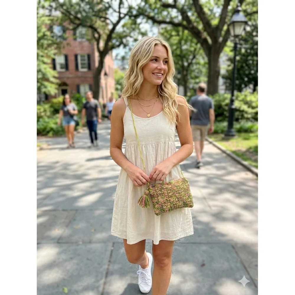 Handmade Crochet Crossbody Bag Multi‎ Color Pink Green Boho Tassel Chain Strap
